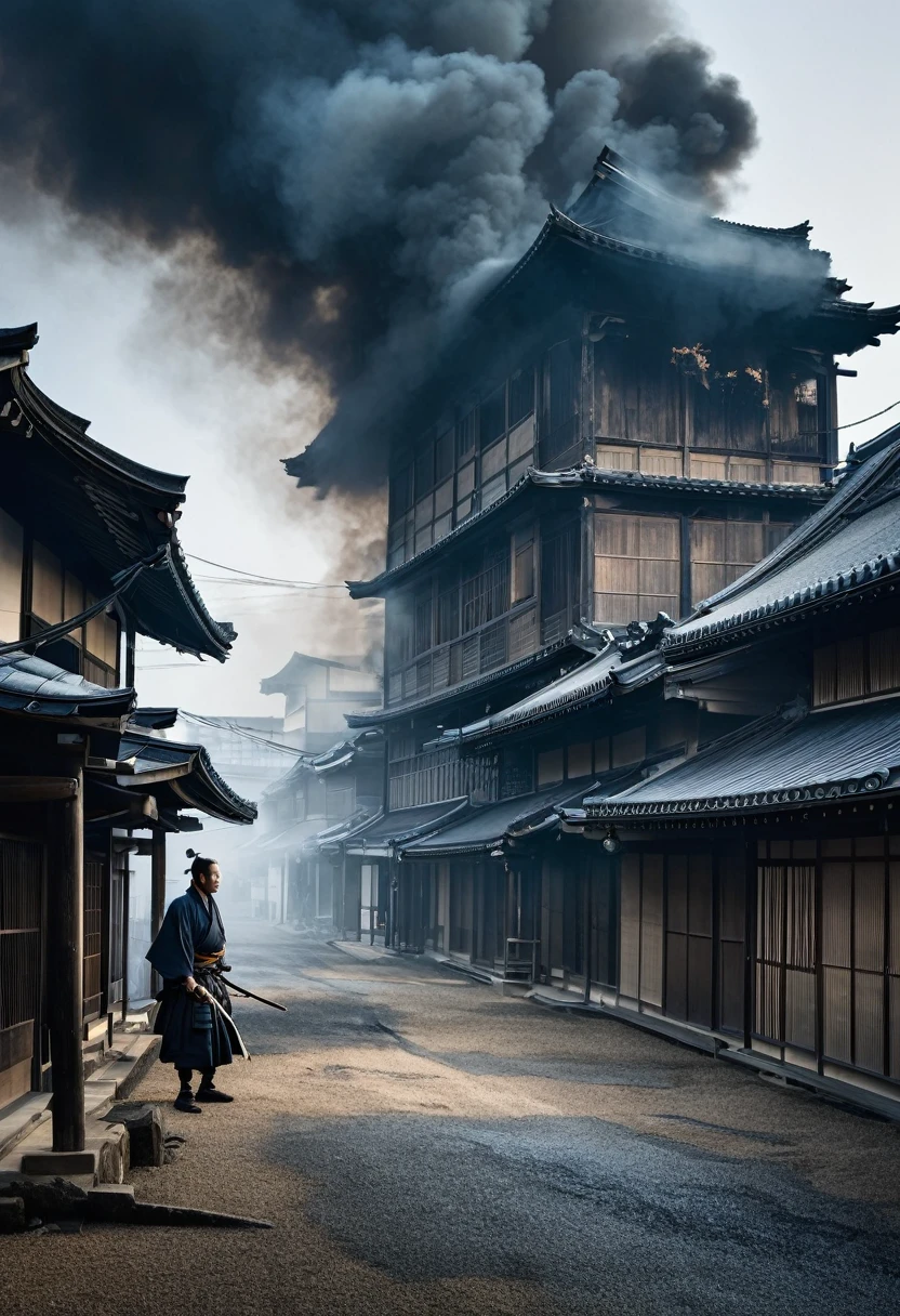 A lone Japanese samurai, downtrodden, amidst a dilapidated Edo-period building in a rundown town, with smoke billowing darkly from a distant fire, creating an eerie atmosphere.