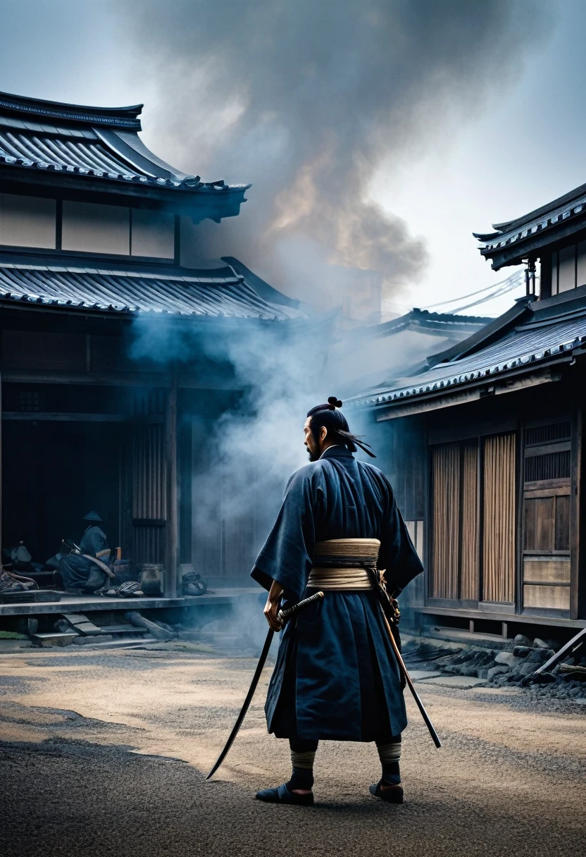 A lone Japanese samurai, downtrodden, amidst a dilapidated Edo-period building in a rundown town, with smoke billowing darkly from a distant fire, creating an eerie atmosphere.