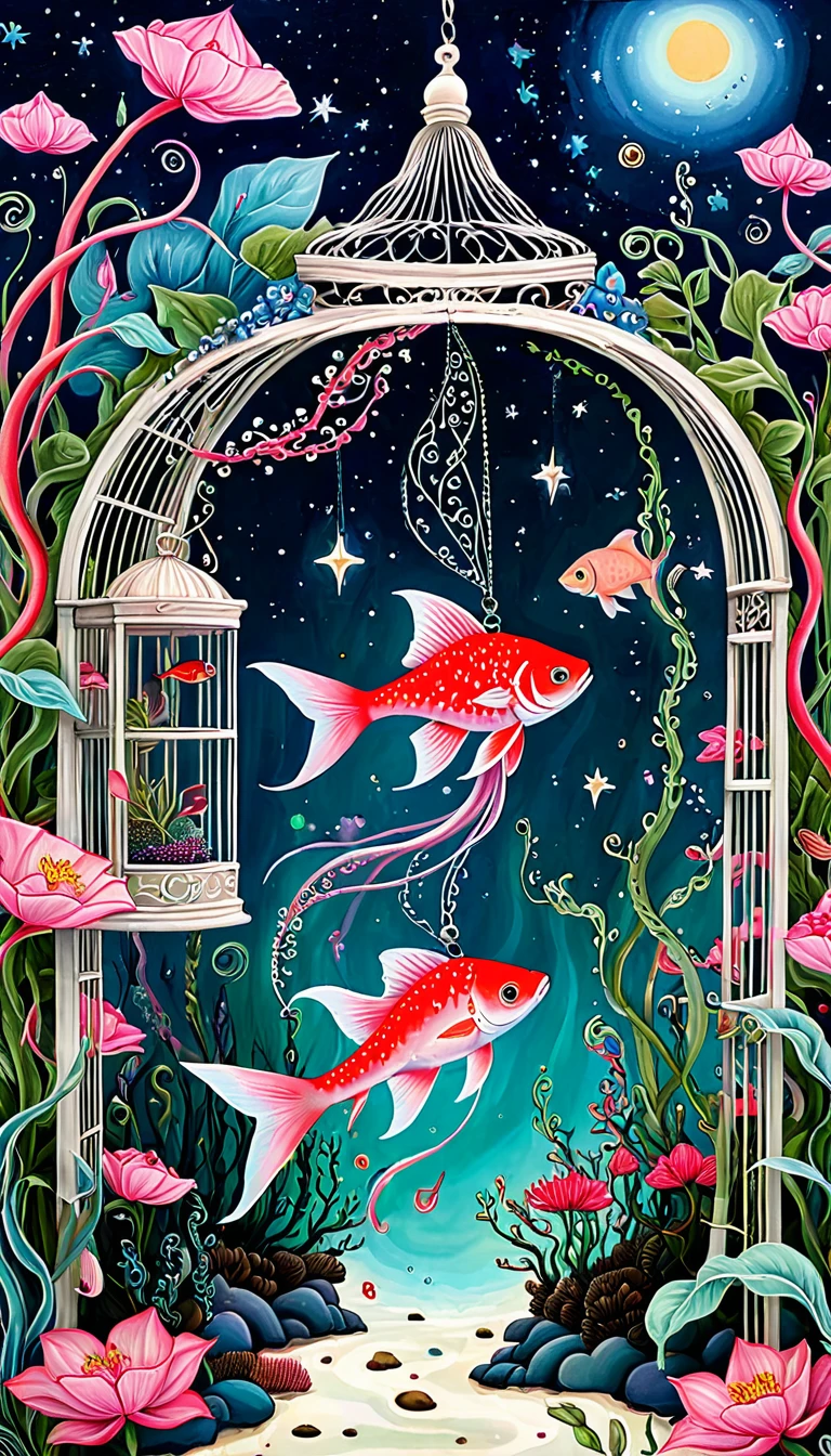 Red fish in the birdcage,plant,Tentacles,Eye、Starry Sky,Stitching together an abstract painting,Describing the inner world of autistic people,Sense of space,White Space,interesting,Innocence,Psychedelic Art,Pink theme