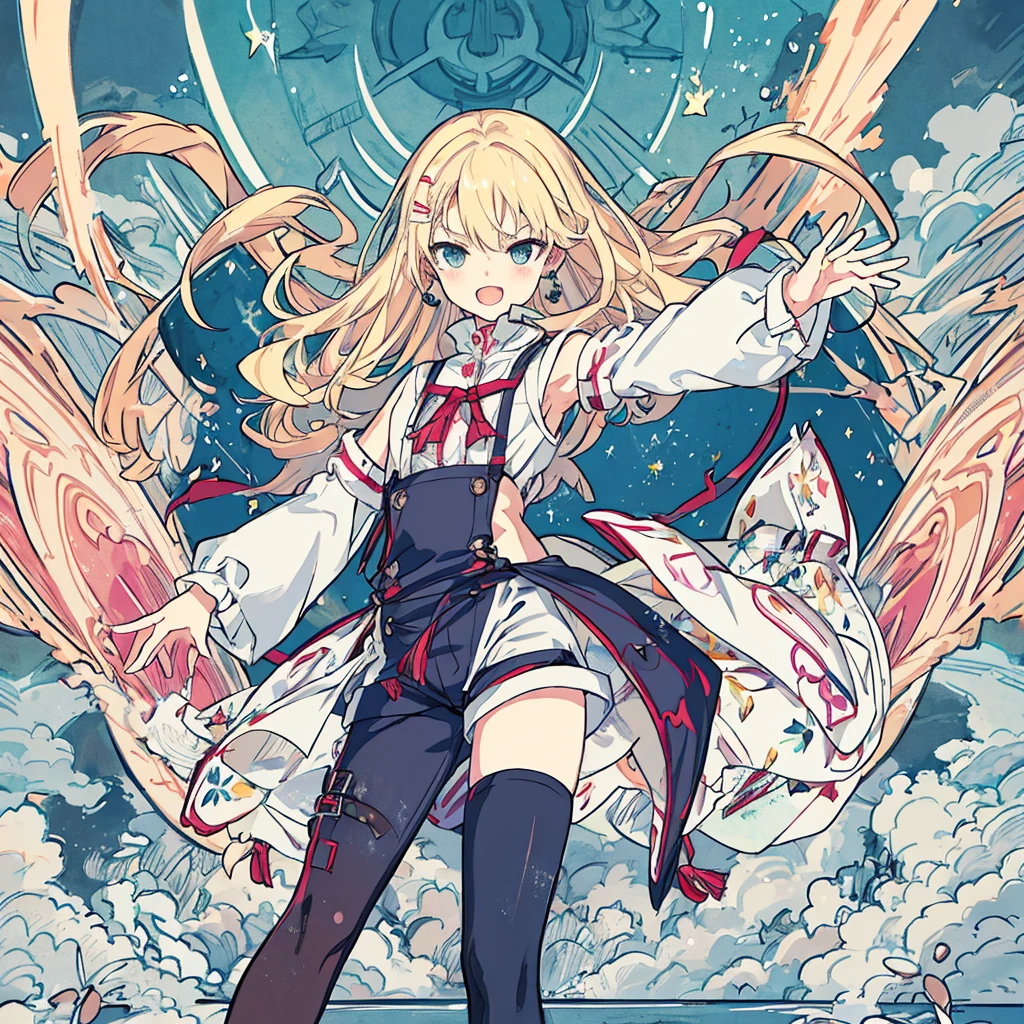 short cute male, very pale skin, beautiful eyes, perfect hands, heterochromia, one eye is red one eye is pink, long legs, narrow waist, perspective, short chin-length blonde hair with dyed pink tips, perfect hands, crossed bangs, vivid colors, best quality, high quality, short messy wavy hair, casual wear, overalls, loose sleeves, pale blue jean shorts, striped knee high socks, earring on left ear, fangs, :3, smug, CG image, splash art, high detail