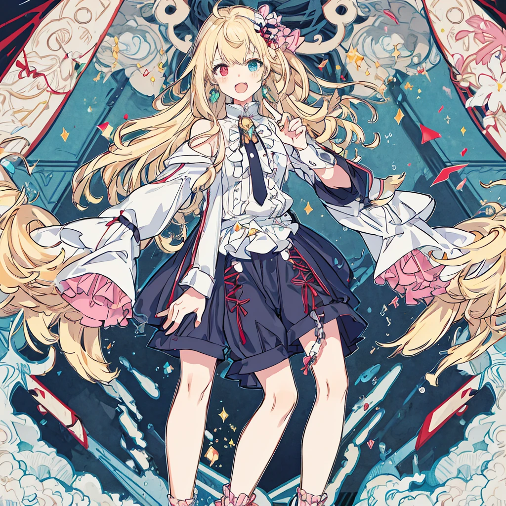 short cute male, very pale skin, beautiful eyes, perfect hands, heterochromia, one eye is red one eye is pink, long legs, narrow waist, perspective, short chin-length blonde hair with dyed pink tips, perfect hands, crossed bangs, vivid colors, best quality, high quality, short messy wavy hair, casual wear, overalls, loose sleeves, pale blue jean shorts, striped knee high socks, earring on left ear, fangs, :3, smug, CG image, splash art, high detail