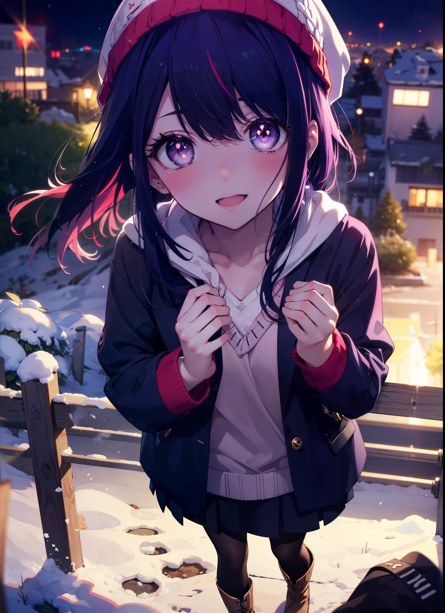 (Purple eyes:1.1), (Symbol-shaped pupil:1.5),smile,Open your mouth,blush,Snow is piled up,It&#39;s snowing,