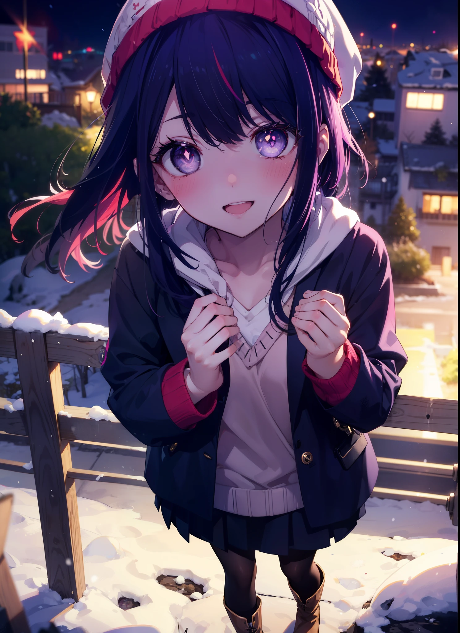 (Purple eyes:1.1), (Symbol-shaped pupil:1.5),smile,Open your mouth,blush,Snow is piled up,It's snowing,