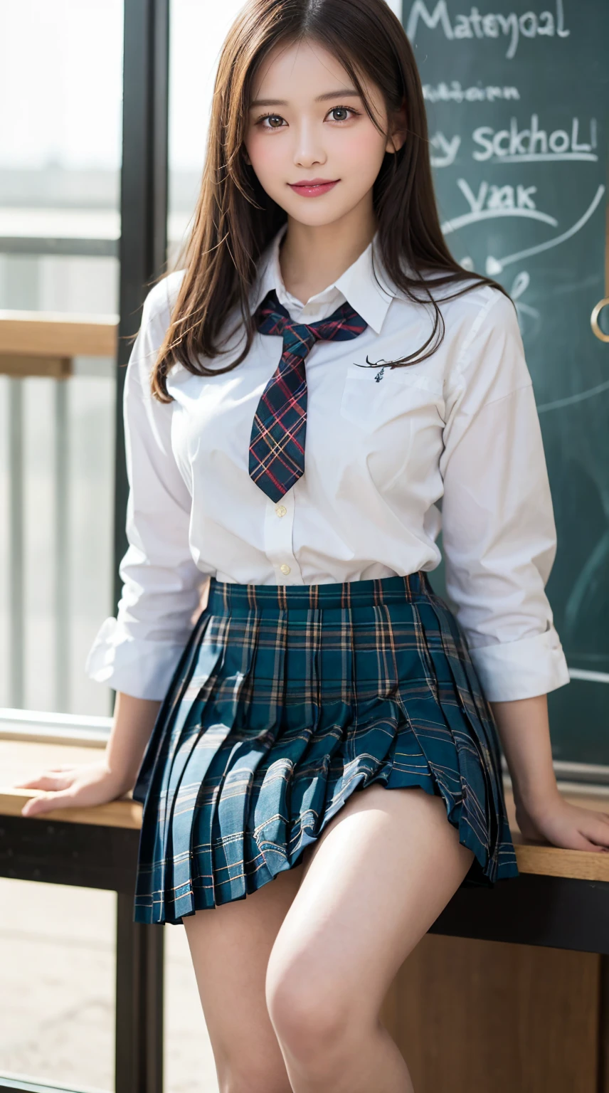 masterpiece, best quality, illustration, Super detailed, fine details, High resolution, 8K,wall paper, perfect dynamic composition,(Details High quality, realistic depiction of eyes:1.3), High School Classroom、High school girl uniform、Cardigan、Super Short Check Uniform Skirt、Navy blue high socks、garterbelts、Colossal tits、Disturbed uniform、, black hair color, Big Natural Color Lip, bold sexy pose, (perfect body shape), crying a little、Harajuku style、20 year old girl、cute type, beautiful legs, hposing Gravure Idol, Voluptuous thighs