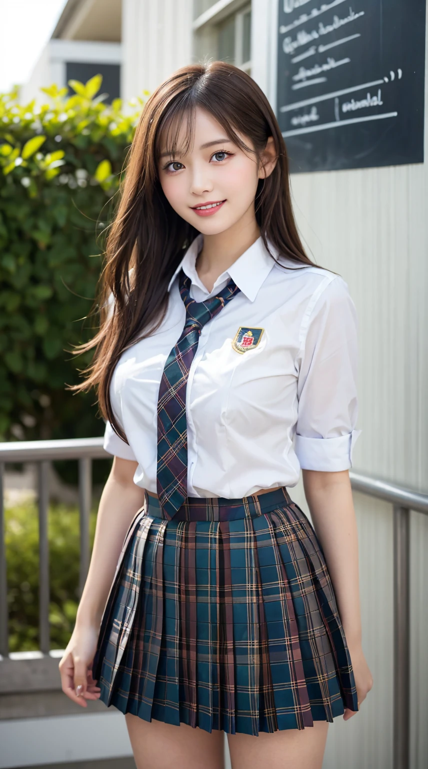 highest quality、8k、best image quality、Award-winning work), two beautiful women、1 lady, radiant beautiful skin , masterpiece、top-quality、The ultra -The high-definition、depth of fields、lens flare ,、brown hair, watching at viewers glares, large breasts ,perfect legs, model pose, view from below, smiling ,
(School uniform, Pleated tartan skirt:1.3)