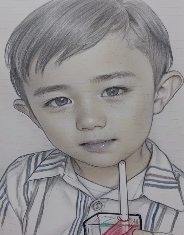 Drawing of a boy drinking through a straw, Realistic sketch, Traditional drawing style, hyperRealistic sketch, Traditional portrait, Close-up portrait, Realistic portraits、Please recreate the deep, visible nasolabial folds that appear when you smile..。more more more、Generate realistic color photo-like images。