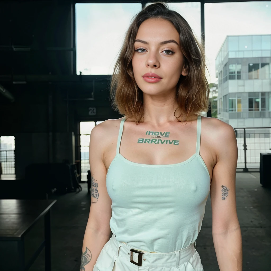 midshot , hi angle, captivating artsy image of a Beautiful cute but enraged lithuanian gen-z. girl aged 18, with freckles, nerdy ,seductive eyes, irresistable face expression with a shags haircut. popstar plumped lipps, fixed nose , ((small sun neck tatoo)) . provocative edgy toptank, 2000 hiphop style, he radiates confidence as she stands against a simple mint green and yelow backdrop, glitter bokeh in the background The cinematic quality of the photo, shot with an ARRI Alexa camera and Zeiss lens, captures the essence of a dark inovative style . with a futuristic twist The overall atmosphere is hiphop urban. I cant be