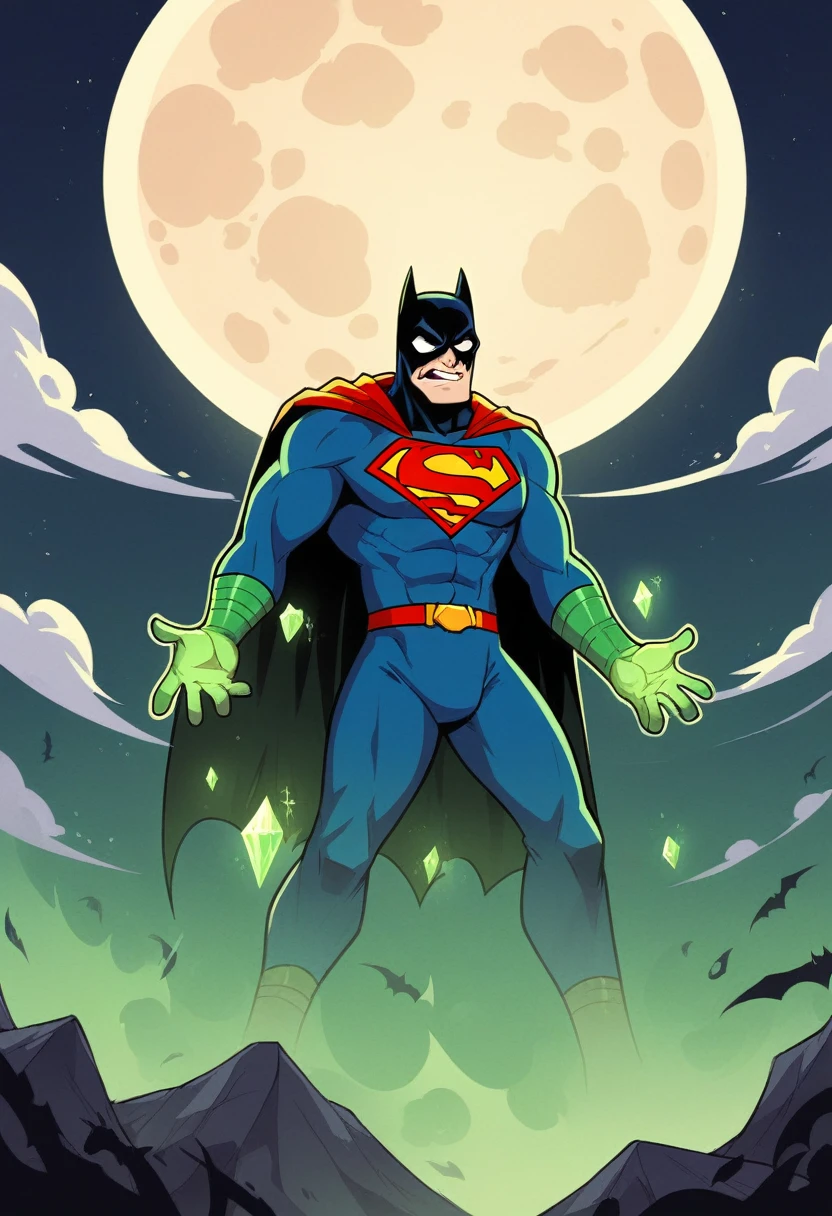 "Batman turned into a zombie, covered in green glowing kryptonite crystals. Superman is about, with an expression of amazement and surprise when seeing him. The background is a dark and spooky Gotham City with a full moon in the sky, emitting a sinister glow. Batman's suit is torn and his eyes are glowing green, while Superman's face shows a mix of surprise and disbelief."