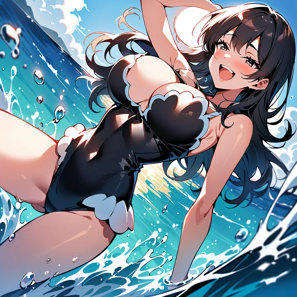 Top quality, masterpiece, woman, long wavy black hair, black eyes, scallop shell swimsuit, Scallop shells worn on chest,比基尼, big breasts, beautiful water splash, sea, sun, laughing

