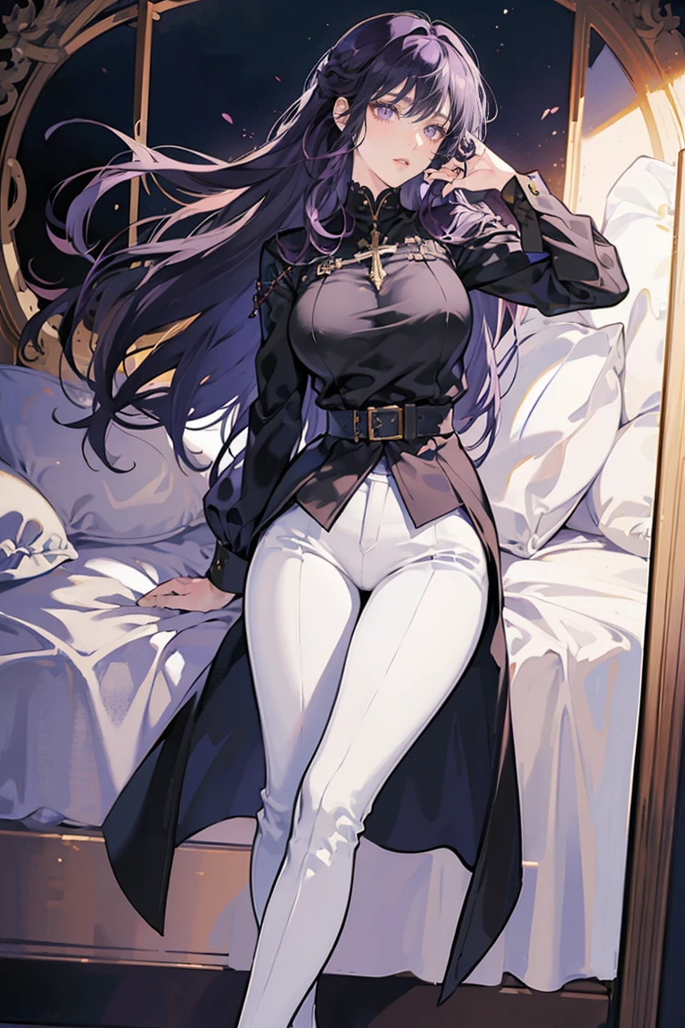 anime - (masterpiece), best quality, seductive eyes, mature face, dark purple eyes, long length dark purple hair, plain black long sleeve, white pants, high-heel black boots, tall woman, long legs, adult-like female, 1girl, big breast, dominant pose
