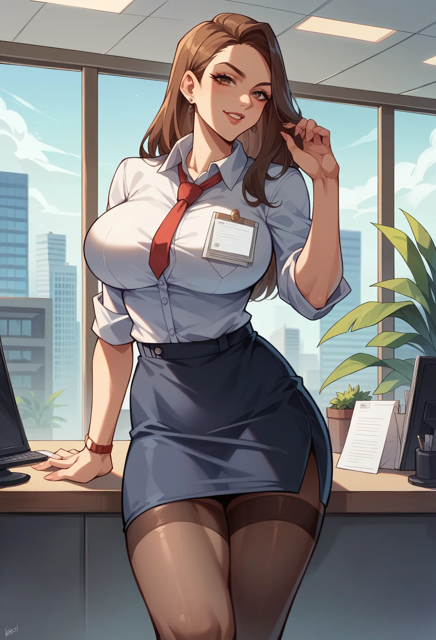 ol professional woman,shirt,Professional hip wrapped skirt,25 years old,Short Brown Bob,Large Breasts,拿着document,Exciting appearance,whole body,office,Modern city buildings,document,,High-quality illustrations,8K