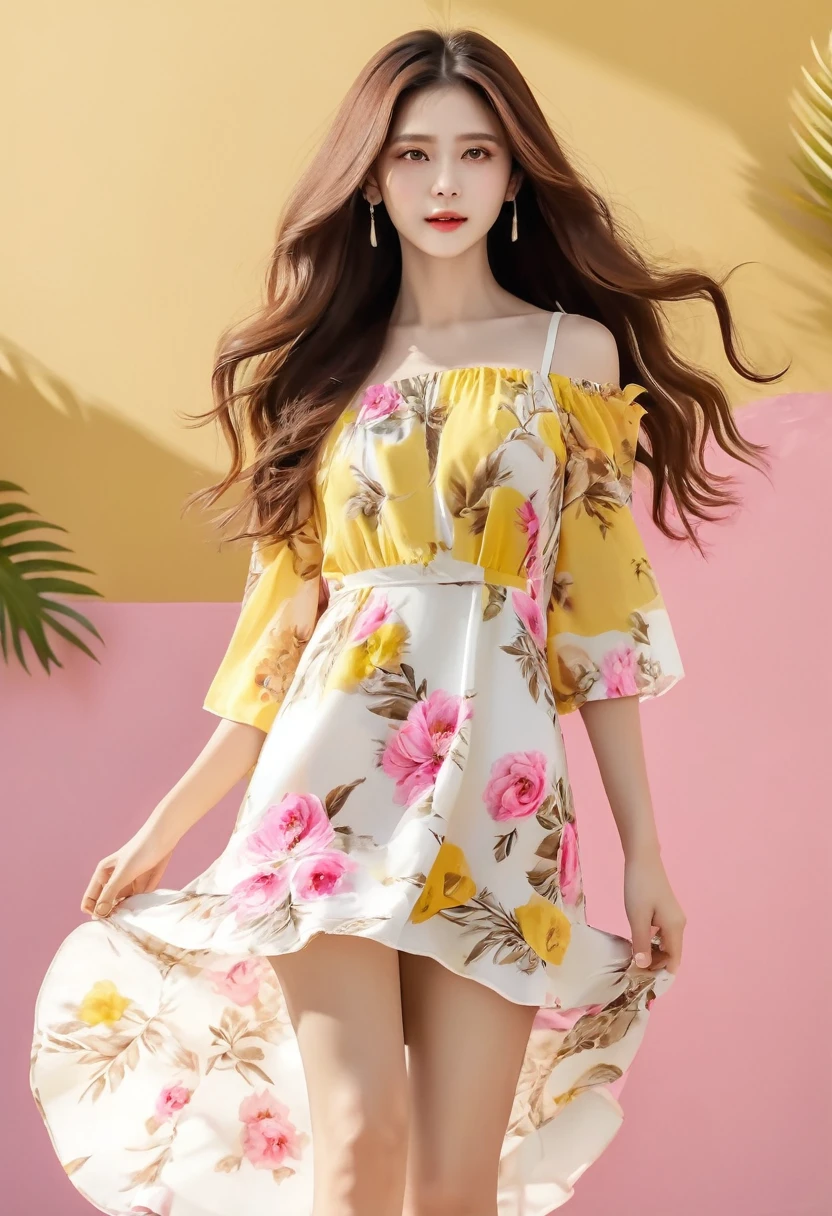 An image of a woman who calmly loves, Detailed medium brown hair, Bright yellow detailed eyes with long eyelashes, White short dress with pink floral print, Detailed brown high heel sandals. full body image. shoes foot