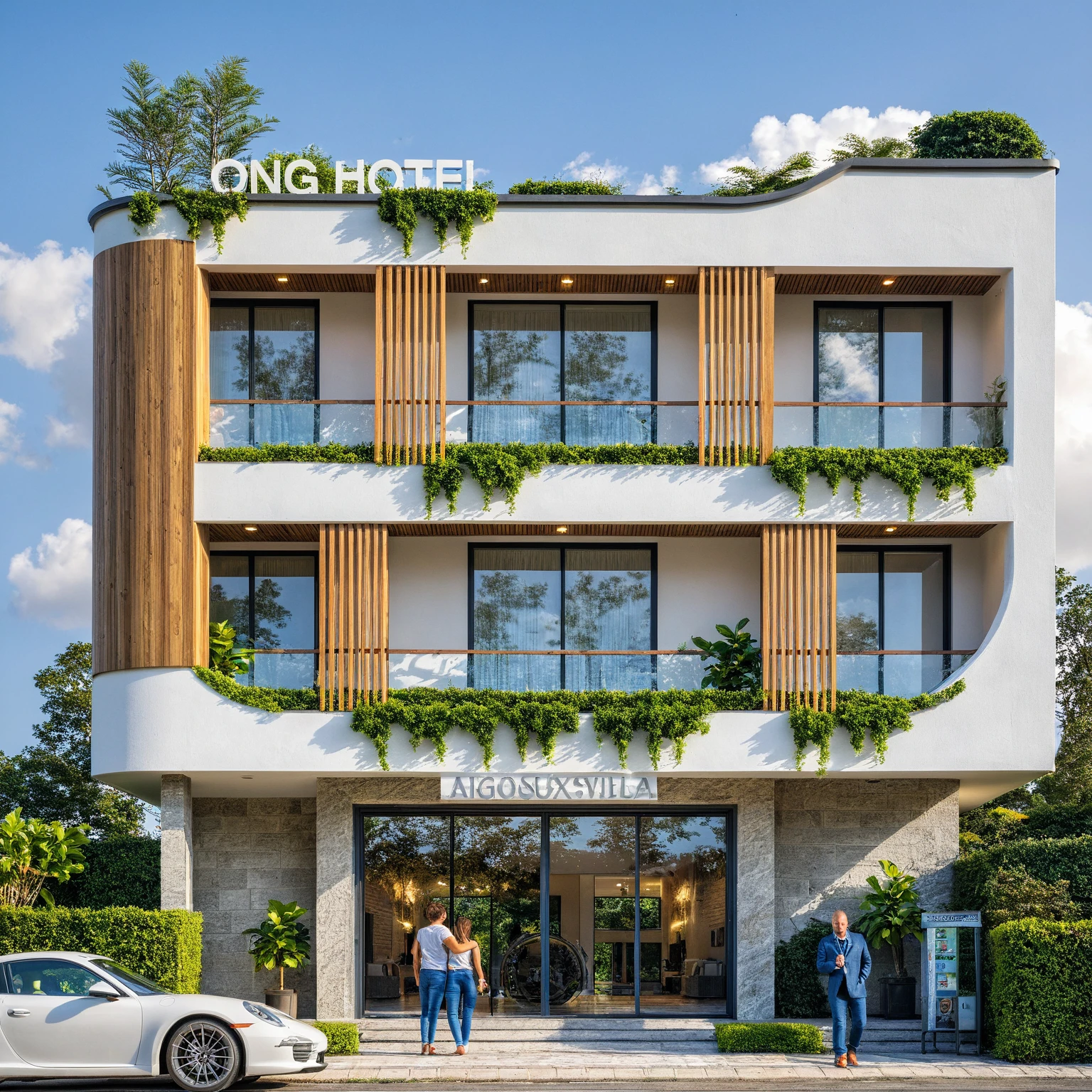 Masterpiece, high quality, best quality, authentic, super detail, outdoors, onestoreyvillaXL, aiaigroup, house style modern on the street ,stairs, white wall ,road,pavement, grass, trees, sky, cloud, (daylight:1.1)