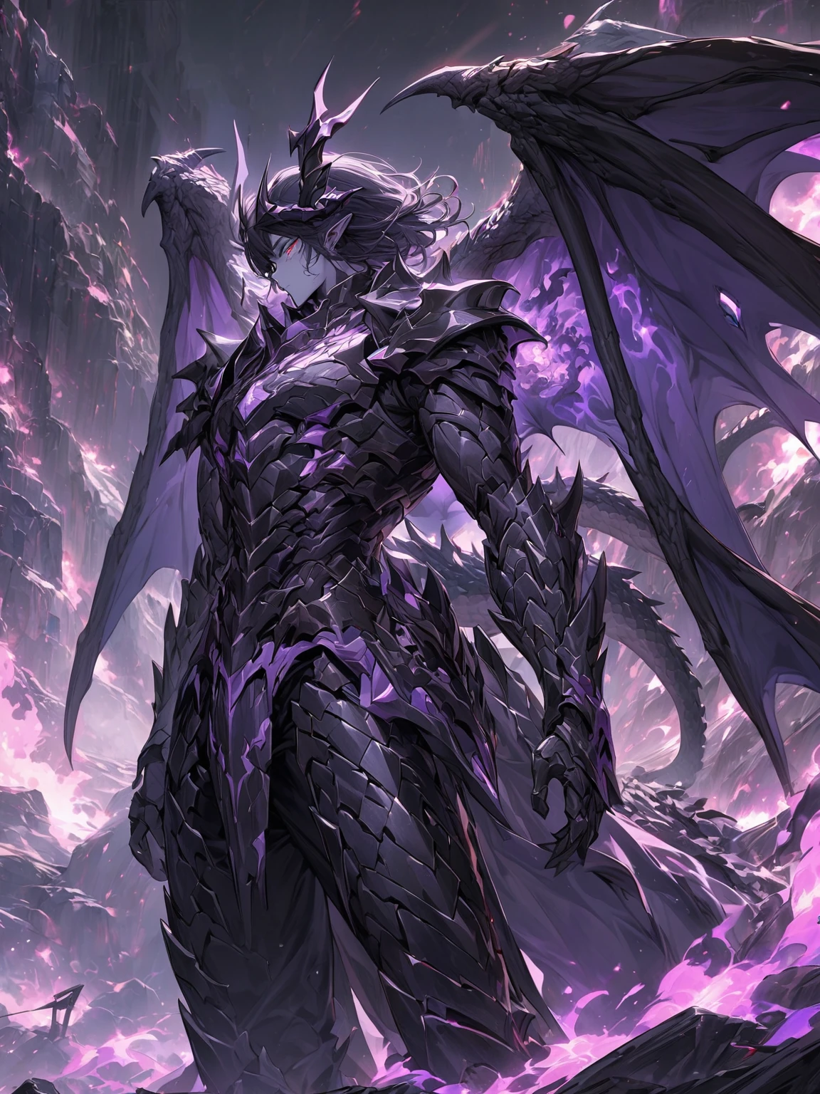 Masterpiece, Very detailed, ultra detailed, one, (1 man), man with a V-shaped body, Gray skin colour, dragon horns, two large dragon wings, full detailed dark obsidian armor with light purple details that seemed like a purple fire. Long black hair combed back, and reptile eyes that shine crimson-purple. In the style of manhwa "Omniscient Reader's Viewpoint"