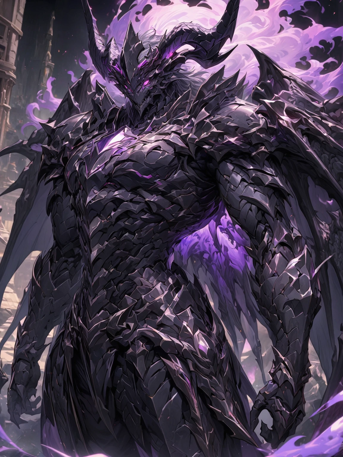 Masterpiece, Very detailed, ultra detailed, one, (1 man), man with a V-shaped body, Gray skin colour, dragon horns, two large dragon wings, full detailed dark obsidian armor with light purple details that seemed like a purple fire. Long black hair combed back, and reptile eyes that shine crimson-purple. In the style of manhwa "Omniscient Reader's Viewpoint"