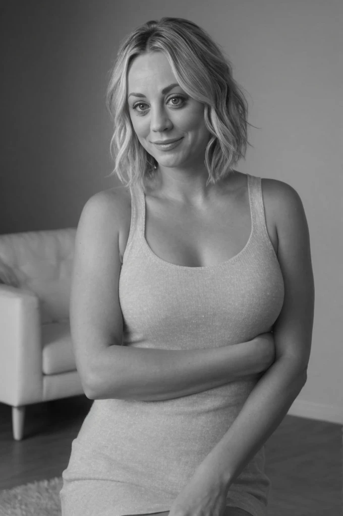 Kaley Cuoco, Beauté, petit sourire satisfait, beau maquillage, appartement, ((nu))