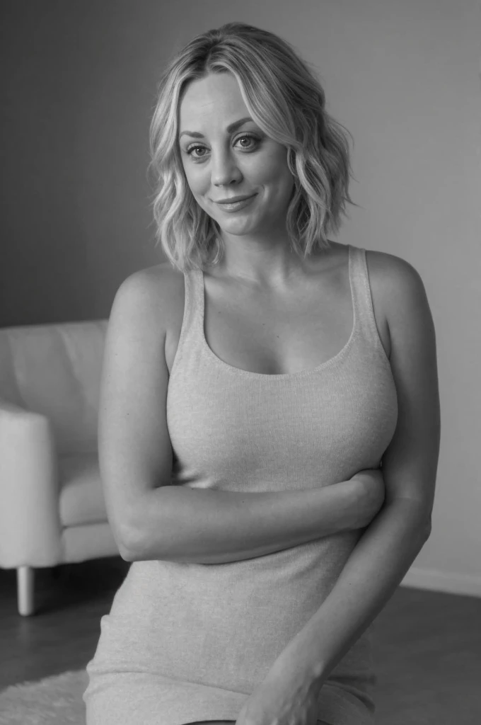 Kaley Cuoco, Beauté, petit sourire satisfait, beau maquillage, appartement, ((nu))