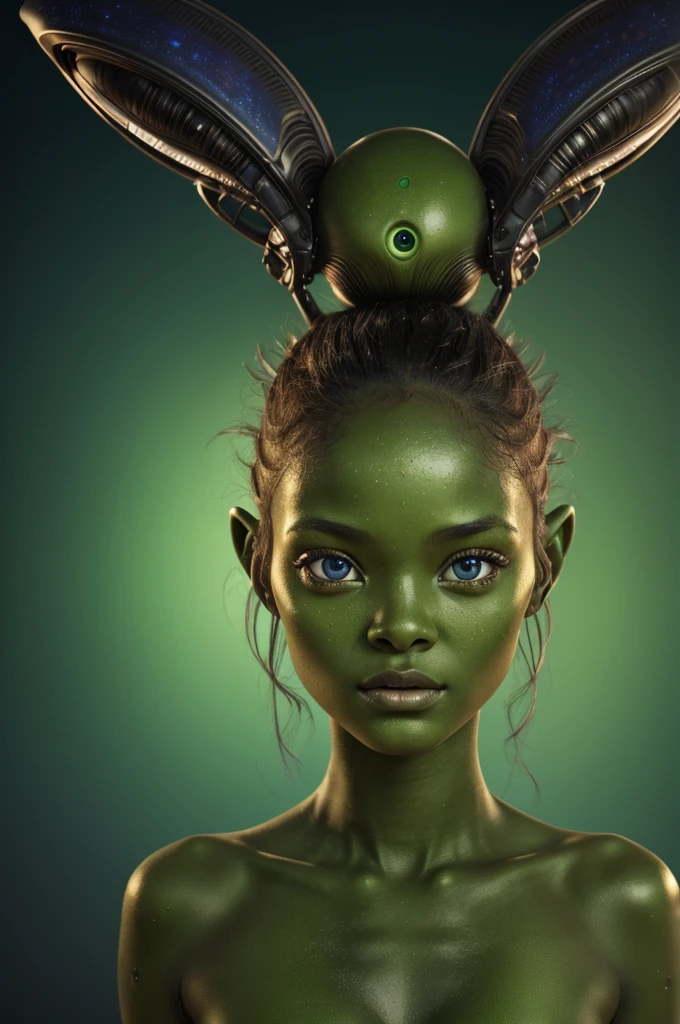 cute alien girl from Venus,green skin,beautiful eyes,alien antennae on head, wearing no clothes,(best quality,4k,8k,highres,masterpiece:1.2),ultra-detailed,portraits,vivid colors,studio lighting, (alien skintone)