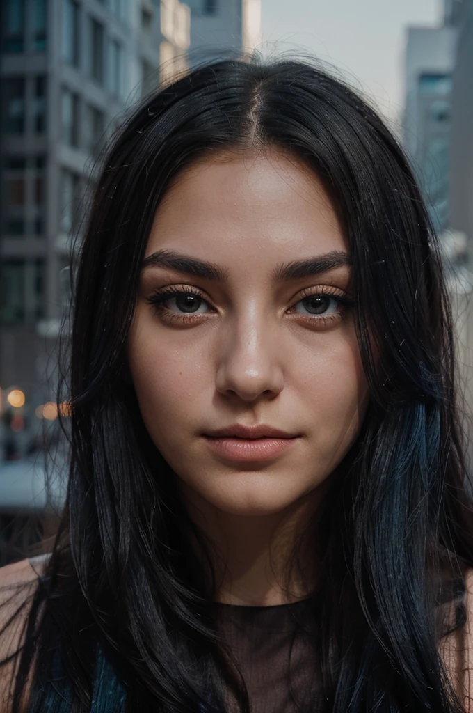 A girl with long blue hair. Her face is exquisite, with high cheekbones and smooth fair skin. Her large black eyes, framed by long thick eyelashes, are impressive and expressive, radiating calmness and confidence. Well-defined eyebrows curve gracefully above her eyes, adding intensity to her gaze. She has a small, straight nose and full, slightly parted lips that curve into a slight smile, revealing hints of mischief and allure. A person overlooking a street with people on it from the top of a building. No faces. Starry, smokey, and powdered (all minimal) theme with a little touch of red.