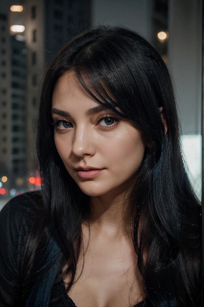 A girl with long blue hair. Her face is exquisite, with high cheekbones and smooth fair skin. Her large black eyes, framed by long thick eyelashes, are impressive and expressive, radiating calmness and confidence. Well-defined eyebrows curve gracefully above her eyes, adding intensity to her gaze. She has a small, straight nose and full, slightly parted lips that curve into a slight smile, revealing hints of mischief and allure. A person overlooking a street with people on it from the top of a building. No faces. Starry, smokey, and powdered (all minimal) theme with a little touch of red.