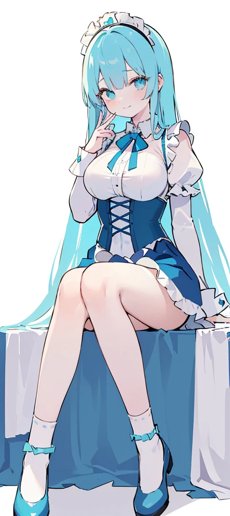 (long beautiful cyany hair) cyan eyes, (Eyes behind long bangs) big breasts, Sitting pose using accessories (using socks) perfect shiny beautiful cyan shoes (Wearing luxurious palace maid clothes Perfect perfect noble)  Pose facing sideways (Girl1, straight hair not too long, bangs covering one eye, soft face, gentle smile) long hair, beautiful cyan eyes (Sitting pose, right hand down, left hand down, leaning pose,  smile kawai, (blank white background) Wearing a blue corset, (Using a beautiful bright blue ribbon) Kawai shy cute eyes (cyan colored shoes must be shiny, Must wear short white socks)