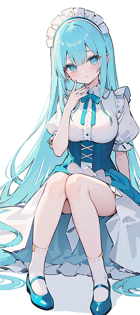 (long beautiful cyany hair) cyan eyes, (Eyes behind long bangs) big breasts, Sitting pose using accessories (using socks) perfect shiny beautiful cyan shoes (Wearing luxurious palace maid clothes Perfect perfect noble) Pose facing sideways (Girl1, straight hair not too long, bangs covering one eye, soft face, gentle smile) long hair, beautiful cyan eyes (Sitting pose, right hand down, left hand down, leaning pose, smile kawai, (blank white background) Wearing a blue corset, (Using a beautiful bright blue ribbon) Kawai shy cute eyes (cyan colored shoes must be shiny, Must wear short white socks)