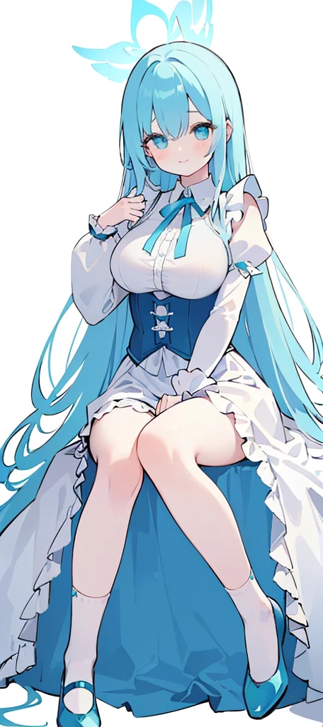 (long beautiful cyany hair) cyan eyes, (Eyes behind long bangs) big breasts, Sitting pose using accessories (using socks) perfect shiny beautiful cyan shoes (Wearing luxurious palace maid clothes Perfect perfect noble) Pose facing sideways (Girl1, straight hair not too long, bangs covering one eye, soft face, gentle smile) long hair, beautiful cyan eyes (Sitting pose, right hand down, left hand down, leaning pose, smile kawai, (blank white background) Wearing a blue corset, (Using a beautiful bright blue ribbon) Kawai shy cute eyes (cyan colored shoes must be shiny, Must wear short white socks)
