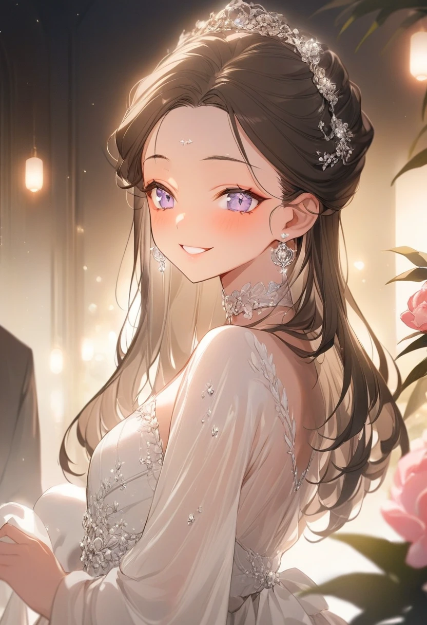 ( best quality:1.2), 1 Girl, forehead,night, Skin details, Beautiful facial features, ((fluffy dark hair)), Eye details, he is 20 years old,wearing a beautiful dress,upper body, choker,long dress,luxury room,.(big smiling).(dreming theme))),kindness,soft focus,white soft lighting