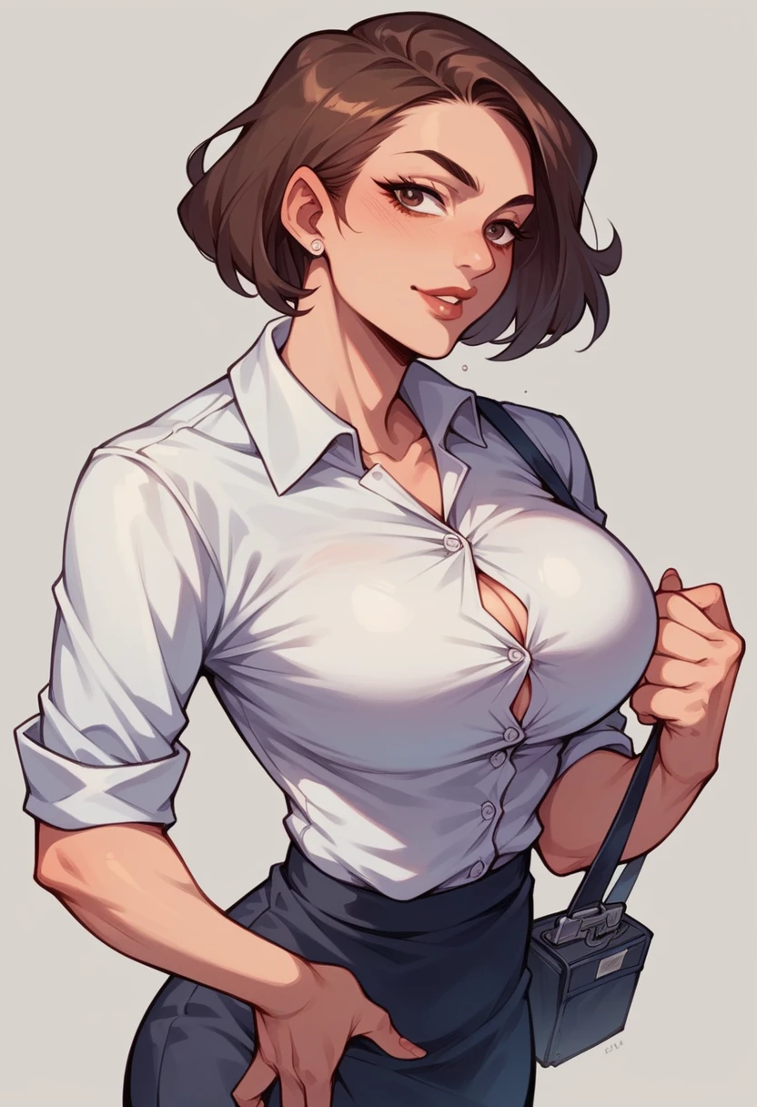 ol professional woman,shirt,Professional hip wrapped skirt,Short Brown Bob,Large Breasts,拿着document,Exciting appearance,office,,document,Modern city buildings
