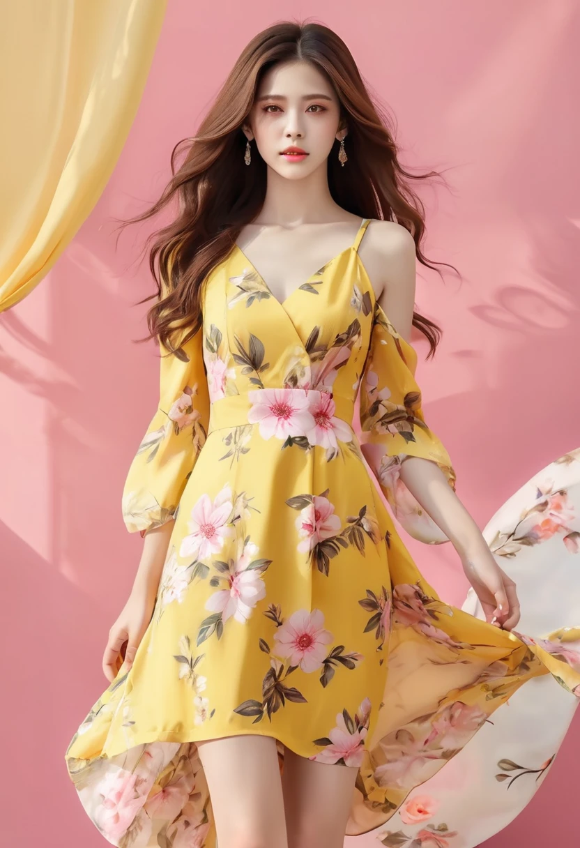 An image of a woman who calmly loves, Detailed medium brown hair, Bright yellow detailed eyes with long eyelashes, White short dress with pink floral print, Detailed brown high heel sandals. full body image. shoes foot