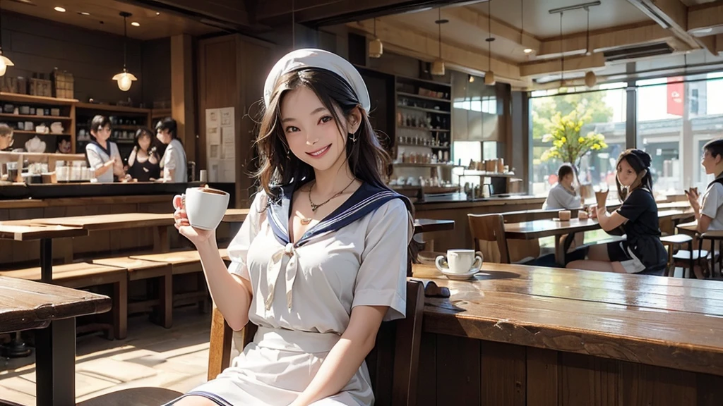 
(((((((Emphasize cleavage)))))))
((((((((A  girl in a sexy white short-sleeved sailor uniform))))))))
(((((((お洒落でcuteInside the Starbucks store)))))))
8K、RAW Photos、Highest quality、Super detailed、Super Resolution、Ultra HD、8K壁紙、Amazing details



(((((((Inside the Starbucks store)))))))、
((((((Sit down and eat cake、Drink Starbucks coffee、smile))))))、((Heart Necklace))




Modern and sleek design：Interior design using natural materials、Many of the designs are warm and made using wood and metal.。
Large windows：自然光をたっぷり取り入れるためのLarge windowsがあり、Providing a bright and open space。
Green Interior：Potted plants are effectively placed、It creates a relaxing atmosphere。
artwork：Works by local artists、Starbucks-related art on display。
Cozy seating：Cushioned chairs and sofas、Bar sheet etc.、A variety of seating options available。
Open kitchen area：Being able to see how drinks and food are made、We provide peace of mind and transparency。
Unique lighting：Antique lamps and chandeliers、Modern lighting fixtures are used。
Comfortable background music：Relaxing music is playing、A comfortable space is provided。
Wide々Table space：一人でもグループでも使いやすいWide々There is a table with。
Community Table：There is a large table where you can socialize with other customers.。
Seasonal decorations：The decorations are themed according to the season.。
Design with a local feel：The design incorporates the local culture and characteristics.。
Fragrance production：コーヒーの香りが店内にWideがり、A space that satisfies the five senses has been created.。
Conversation with a barista：フレンドリーなConversation with a baristaが楽しめるカウンターエリアがあります。




8K、RAW Photos、Highest quality、masterpiece:1.2、Super detailed、Super Resolution、Ultra HD、8K壁紙、Amazing details、Photorealistic:1.4、Having fun by the water、Full Body Shot、Full body photo、High-resolution RAW color photos、Professional photos、A scene full of emotion、Very detailed and beautiful、Ultra HD、8K壁紙、Amazing details、Huge file sizes、Highly detailed beautiful girls、Highly detailed face Highly detailed eyes、Extremely realistic skin、 Highly detailed fingers, Highly detailed nose, Highly detailed mouth, Perfect Anatomy, Highly detailed background, Highly detailed clothing, Teen, cute女の子, Famous Japanese Idols, cute, Realistic body, Slender, White skin, Glowing Skin, Slim body, Realistic Face, Delicate eyes, double eyelid, 



