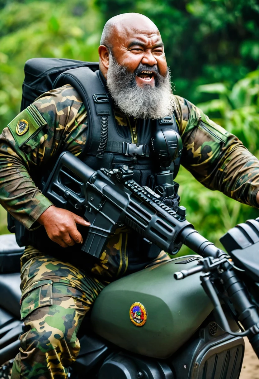 (a dark-skinned bearded fat old man in a bulky camouflage zipper diver suit) shooting with a rifle, muscular, riding an army motorcycle, Basuki Abdullah, sumatraism, action, a character portrait, heroic, fierce, laughing