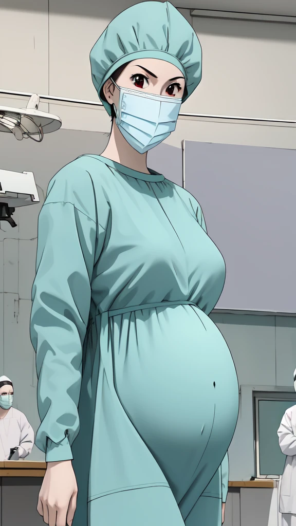 masterpiece, highest quality, source_anime, the view is turned slightly to the side, upper body, (RAW photo, best quality), 1girl, long hair, frown, pale skin, shy eyes, big breasts, big tits, pregnant, stand, natural lighting, solo, hospital, in the operating room, operating room background, 
ray kasugano, pregnant with big belly, even though she's pregnant, she has a good figure, (give a score of 9_give a score of 8_give a score of 7) long sleeve Surgical dress, bouffant cap, cover the ears, surgical mask, long surgical gloves, 