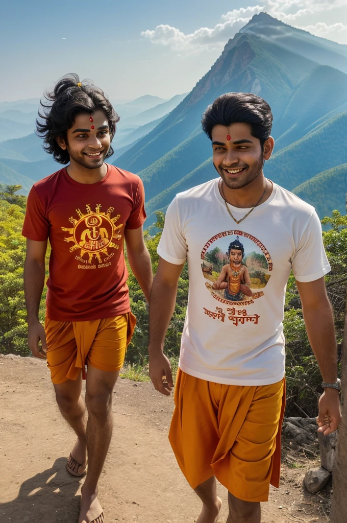 18 years old boy walking and hanuman coming after her and hanuman's hand putting on boy head on mountains. Both are smiling. Boy is wearing saffron t-shirt and name "piyush" write on it with bold. he looks very realistic, cute, tilak Deccan on your head, and happy. very realistic pictures, high quality picture, realistic mountain, forest moment.sun lights reflection , the words"Happy Hanuman Janmotsav" write top Sky. make sure text must be correct & correct.