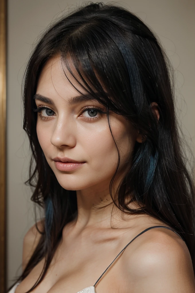 A girl with long blue hair. Her face is exquisite, with high cheekbones and smooth fair skin. Her large black eyes, framed by long thick eyelashes, are impressive and expressive, radiating calmness and confidence. Well-defined eyebrows curve gracefully above her eyes, adding intensity to her gaze. She has a small, straight nose and full, slightly parted lips that curve into a slight smile, revealing hints of mischief and allure. Incredibly beautiful woman. wavy hair, raw photo