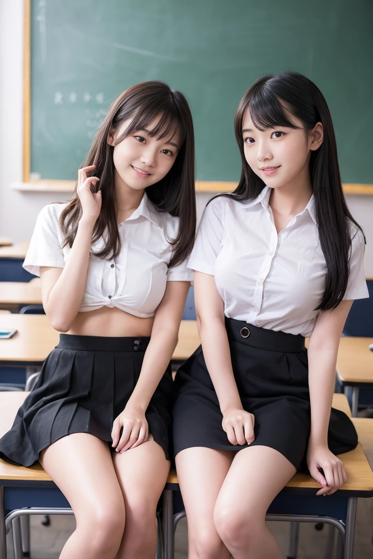 2 girls on desk in wooden school classroom,short-sleeved white leotard with plaid frills,plaid bow tie,18-year-old,bangs,a little smile,large bare thighs,knees up,spreading legs apart,short hair with low pigtails,from before,front light