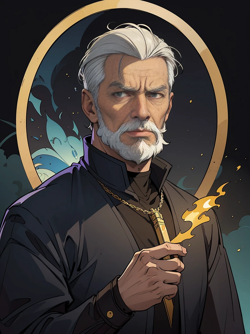 masterpiece:1.2, top quality, unorganized, stained glass background, dark lighting, action SHOT, sandy, man, 19th century nobleman, Science fiction, Old man with combed gray hair and beard, central portrait, in the style of Kentaro Miura, (1 man), masculine man, gloomy facial expression, comics, difficult, surreal, Yellow halo behind the head as a symbol of a hanged man.,