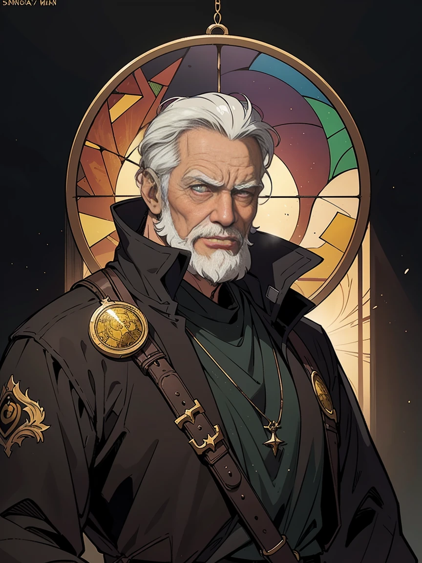 masterpiece:1.2, top quality, unorganized, stained glass background, dark lighting, action SHOT, sandy, man, 19th century nobleman, Science fiction, Old man with combed gray hair and beard, central portrait, in the style of Kentaro Miura, (1 man), masculine man, gloomy facial expression, comics, difficult, surreal, Yellow halo behind the head as a symbol of a hanged man.,