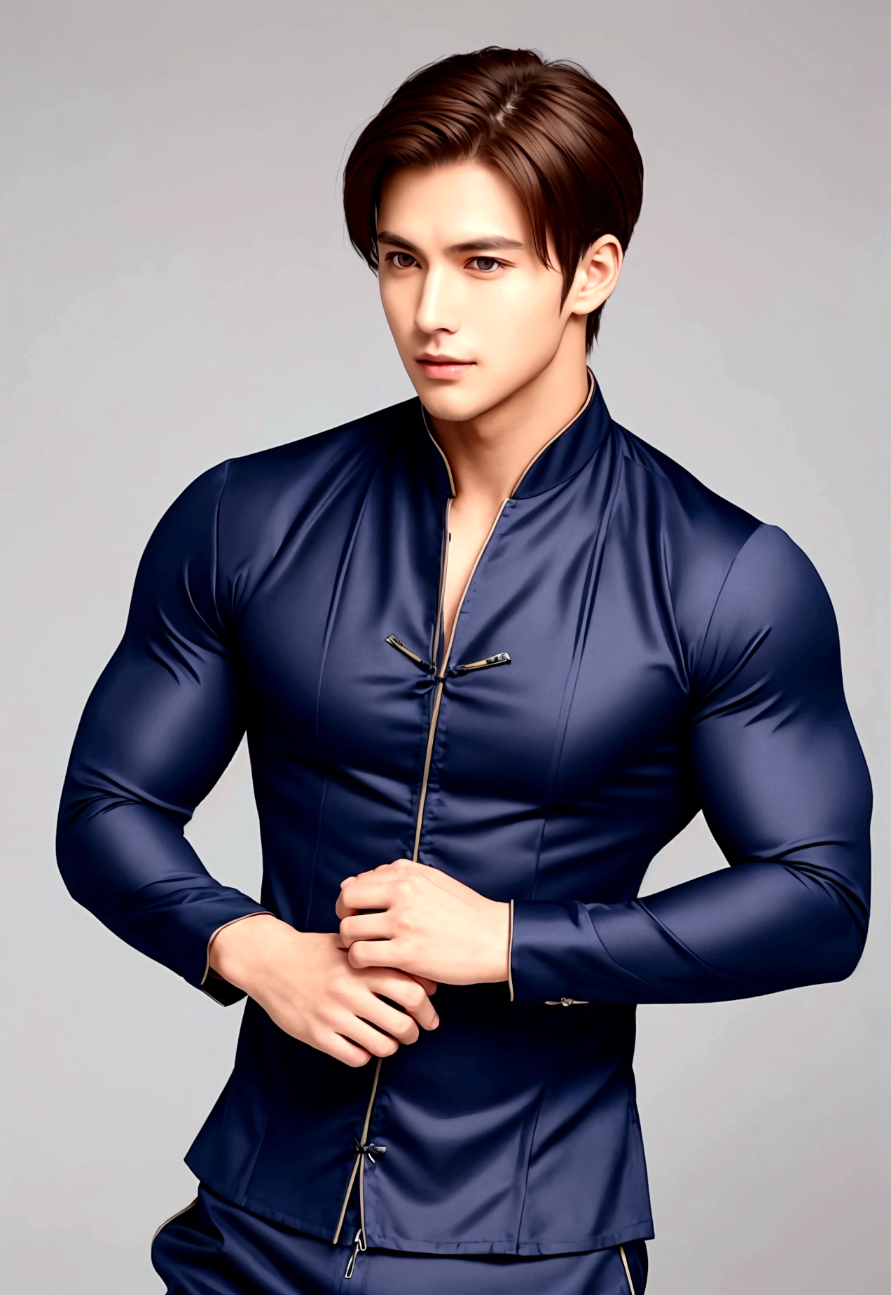 Handsome man with brown hair。Wearing a navy blue ninja outfit。