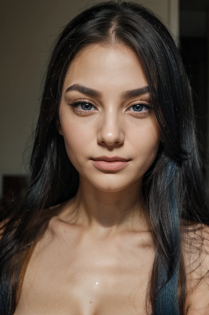 A girl with long blue hair. Her face is exquisite, with high cheekbones and smooth fair skin. Her large black eyes, framed by long thick eyelashes, are impressive and expressive, radiating calmness and confidence. Well-defined eyebrows curve gracefully above her eyes, adding intensity to her gaze. She has a small, straight nose and full, slightly parted lips that curve into a slight smile, revealing hints of mischief and allure. full body