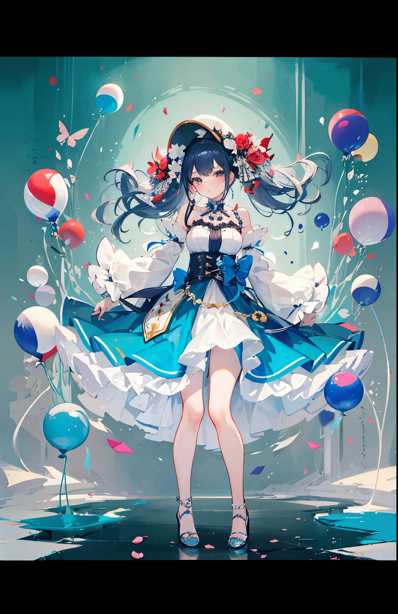 Super beautiful circus clown style sweet girl，Blue and white hazy feeling，Crazy, seductive, alluring，Long legs，Big feeling，White Silk