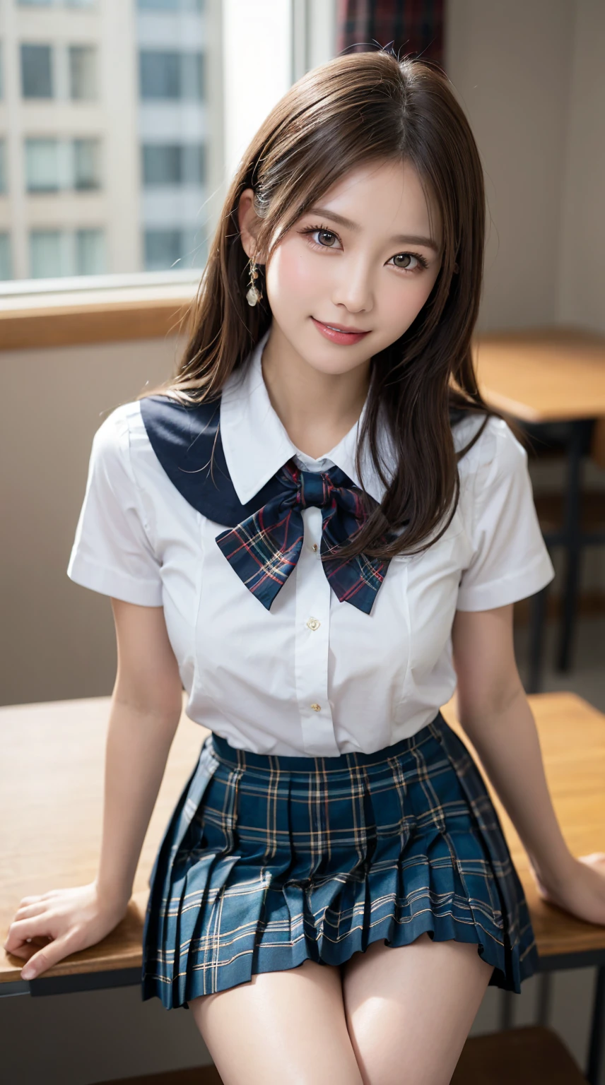 highest quality、8k、best image quality、Award-winning work), two beautiful women、1 lady, radiant beautiful skin , masterpiece、top-quality、The ultra -The high-definition、depth of fields、lens flare ,、brown hair, large breasts, watching at viewers glares, large breasts ,perfect legs, model pose, view from below, smiling ,
(School uniform, Pleated tartan skirt:1.3)