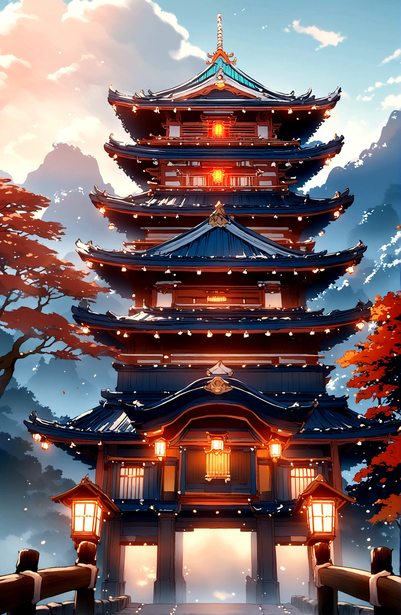 Magnificent Japanese architecture,(Illustration style)