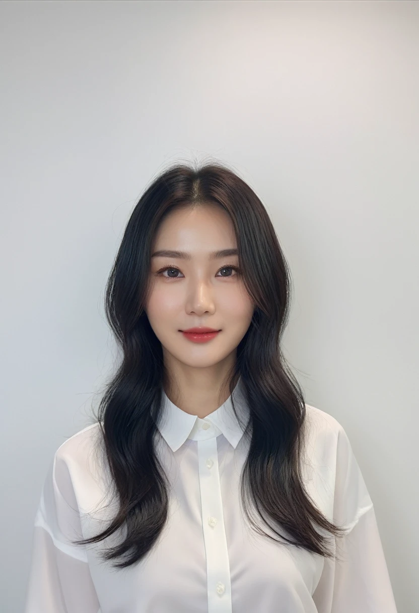 Best Quality, 8k, Masterpiece, (Portrait: 1.3), (photo realistic:1.4), (hyper realistic:1.4), Sharp Focus, looking at viewer, (smoother lighting:1.1), (increase cinematic lighting quality:0.9), realistic lighting, backlighting, light on face, ray trace, (brightening light:1.2), (Increase quality:1.4), sharp detail, (best quality real texture skin:1.4), finely detailed eyes, black_eyes, finely detailed face, 25 year old Korean woman, (white formal_shirt:1.4), (Create an image maintaining the original base model hairstyle:1.5),smiling_face