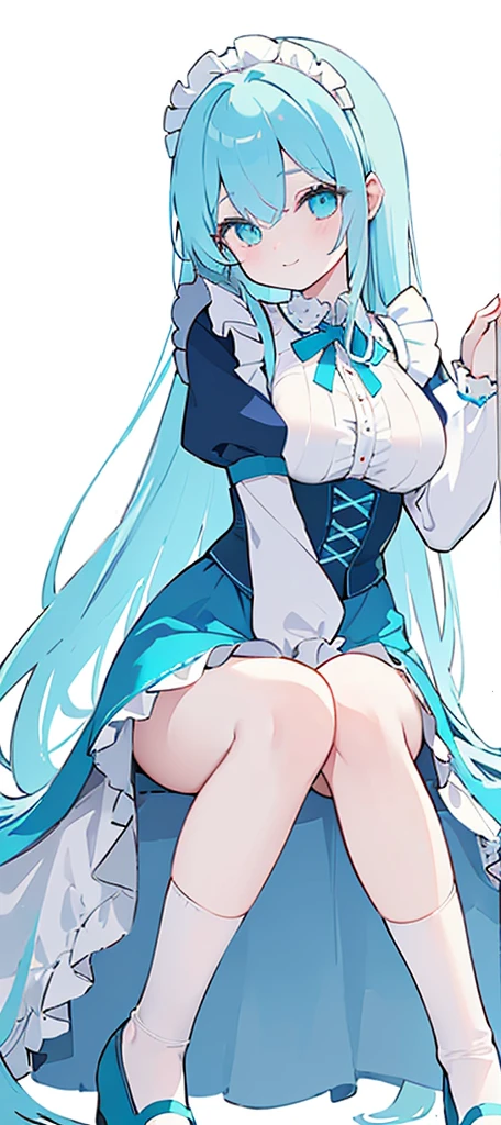 (long beautiful cyany hair) cyan eyes, (Eyes behind long bangs) big breasts, Sitting pose using accessories (using socks) perfect shiny beautiful cyan shoes (Wearing luxurious palace maid clothes Perfect perfect noble) Pose facing sideways (Girl1, straight hair not too long, bangs covering one eye, soft face, gentle smile) long hair, beautiful cyan eyes (Sitting pose, right hand down, left hand down, leaning pose, smile kawai, (blank white background) Wearing a blue corset, (Using a beautiful bright blue ribbon) Kawai shy cute eyes (cyan colored shoes must be shiny, Must wear short white socks)