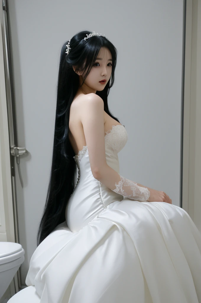 bride、A gorgeous, voluminous wedding dress、Super fat、Big Breasts、Big Ass、Super long straight black hair、Small private room、Sitting on the toilet