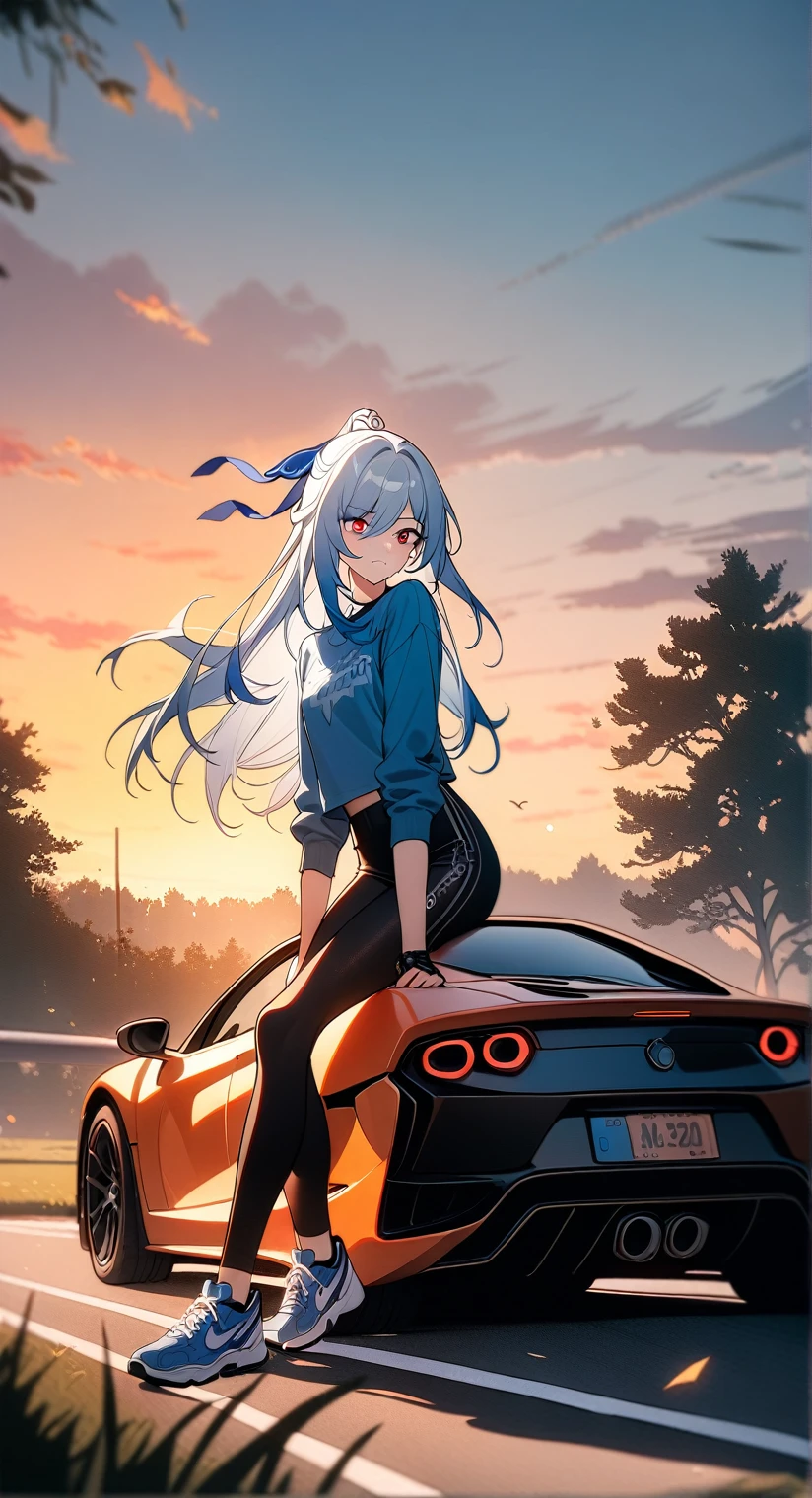 1 girl,jingliu\(Honkai: star rail\),shaggy haircut,bang,detailed eyes,good at sports,life,leggings,sneakers,supercar,Two headlights,Sitting on the hood of the car,photoshoot,sunset,Clear sky,hair fluttering in the wind,countryside,trees,grass,hedge,fabulous,deafening,black and red,Warm colors,8 k,ultra detailed,masterpiece,Best quality,absurd