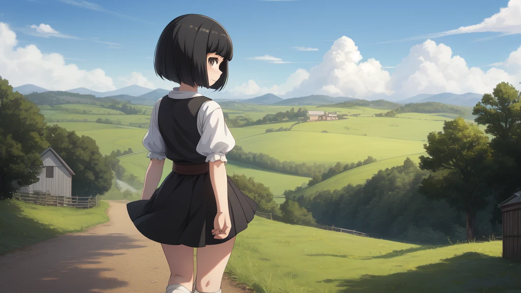 (Yuru Cannon anime) style girl. Rural scene, black bob cut, back view, backward, face not transferred.