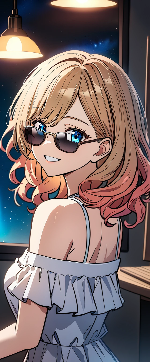 ((grin)), Eyeshadow, False eyelashes, ((off-shoulder dress:1.3, criss-cross halter)), ((white sundress)), ((cleavage)), ((high twin tails, medium hair, spiral curl hair, gradient hair, red and blond hair, hair extensions, streak)), ((sunglasses, hand to sunglasses)), (((from side))), ((((upper body)))), bare legs, (()), (((a beautiful starry sky, the Milky Way shining beautifully in the night))), ((on the very high cliff)), wavy hair, inward curled hair, ((sea, nature)), breasts, teenager, (looking at viewer), puffy long sleeves, collarbone, head tilt:1.3, (((blue eyes))), happy smile, (((anime style))), (best quality, 4K, 8K, highres, masterpiece:1.2, ultra-detailed, ultra-detailed eyes, HDR, uhd, studio lighting, ultra-fine painting, sharp focus, physically-based rendering, extreme detail description, professional, vivid colors, bokeh)