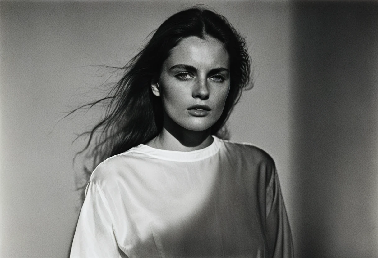 (dark mood masterpiece Photography by Mario Giacomelli:1.2), evil slavic woman, pale skin, long dark blond hair, Stunning b&w 35mm full body photo of a beautiful, perfecteyes, dark circles under eyes, highly detailed skin, (lightest freckles:0.9), standing in a casual pose with her hands on her nipples. wearing (wide-open:1.34) white_silk_shirt. unbuttoned shirt. (nipslip:1.4). a loose-fitting oversized men's unbuttoned shirt, open white business shirt. intricate poses by ruth bernhard. (Photography and style by ruth bernhard). 35mm, Hasselblad. capturing fashion-forward visuals, creating visual impact,evoking emotion,pushing creative boundaries. golden hour, shot from the side, playful pose, god rays,artistic photoshoot